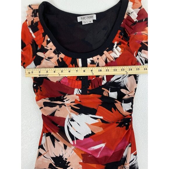 Kay Unger Y2K Medium Cinched Ruched Waist Multicolor Abstract Print Ruffled Top - Picture 9 of 15